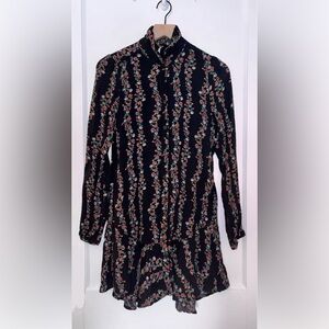 Free People Black Floral Mini Button Down Long Sleeve Dress